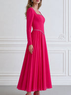 Elegant Hot Pink Square Neck Long Sleeve Pleated A-Line Midi Dress