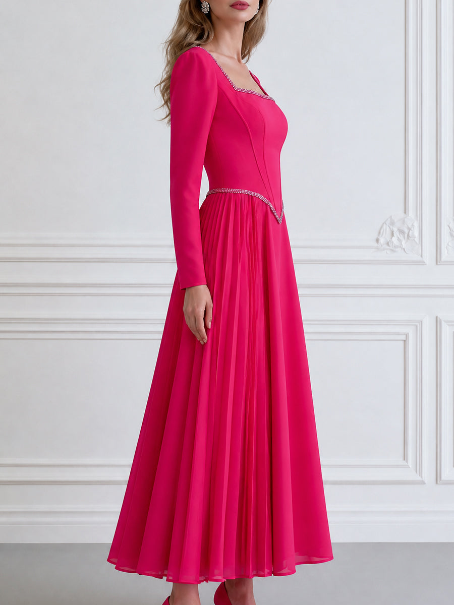 Elegant Hot Pink Square Neck Long Sleeve Pleated A-Line Midi Dress