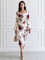 Floral Print Square Neck Bell Sleeve Bodycon Midi Dress