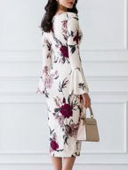 Floral Print Square Neck Bell Sleeve Bodycon Midi Dress