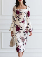 Floral Print Square Neck Bell Sleeve Bodycon Midi Dress