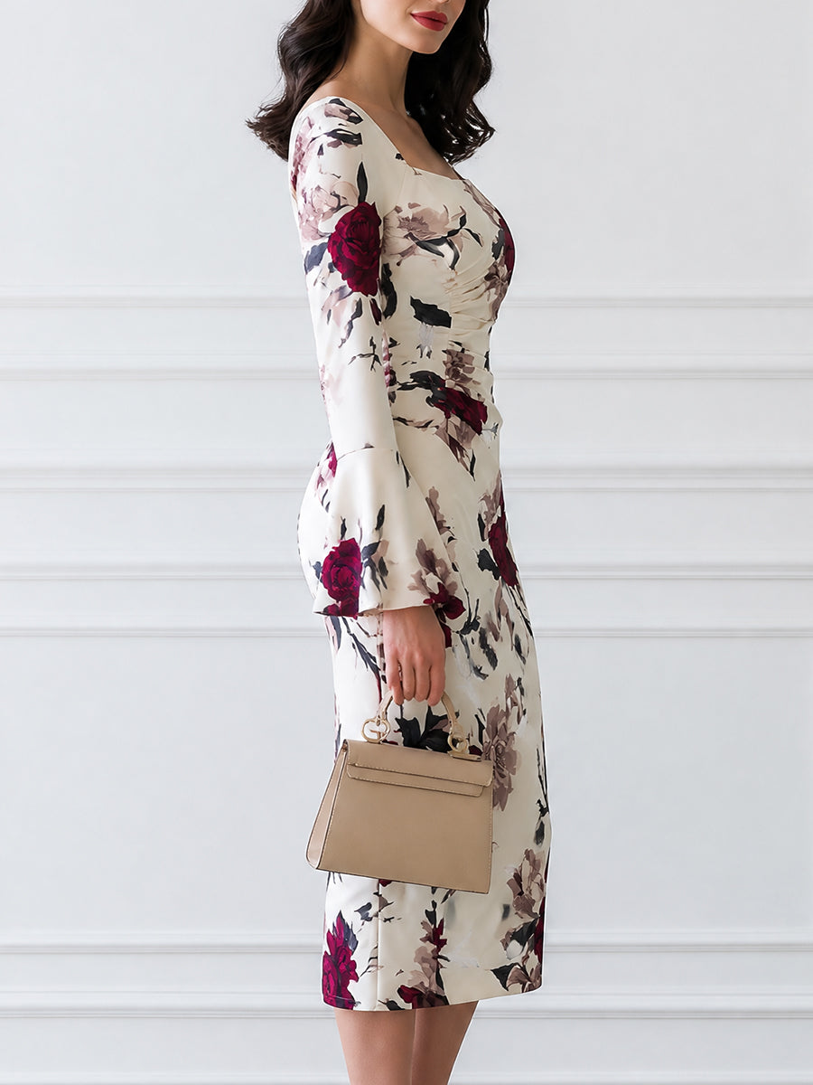 Floral Print Square Neck Bell Sleeve Bodycon Midi Dress