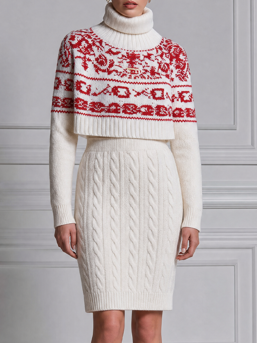 Stockholm Style White Nordic Knit Sweater & Cable Skirt Two-Piece Set