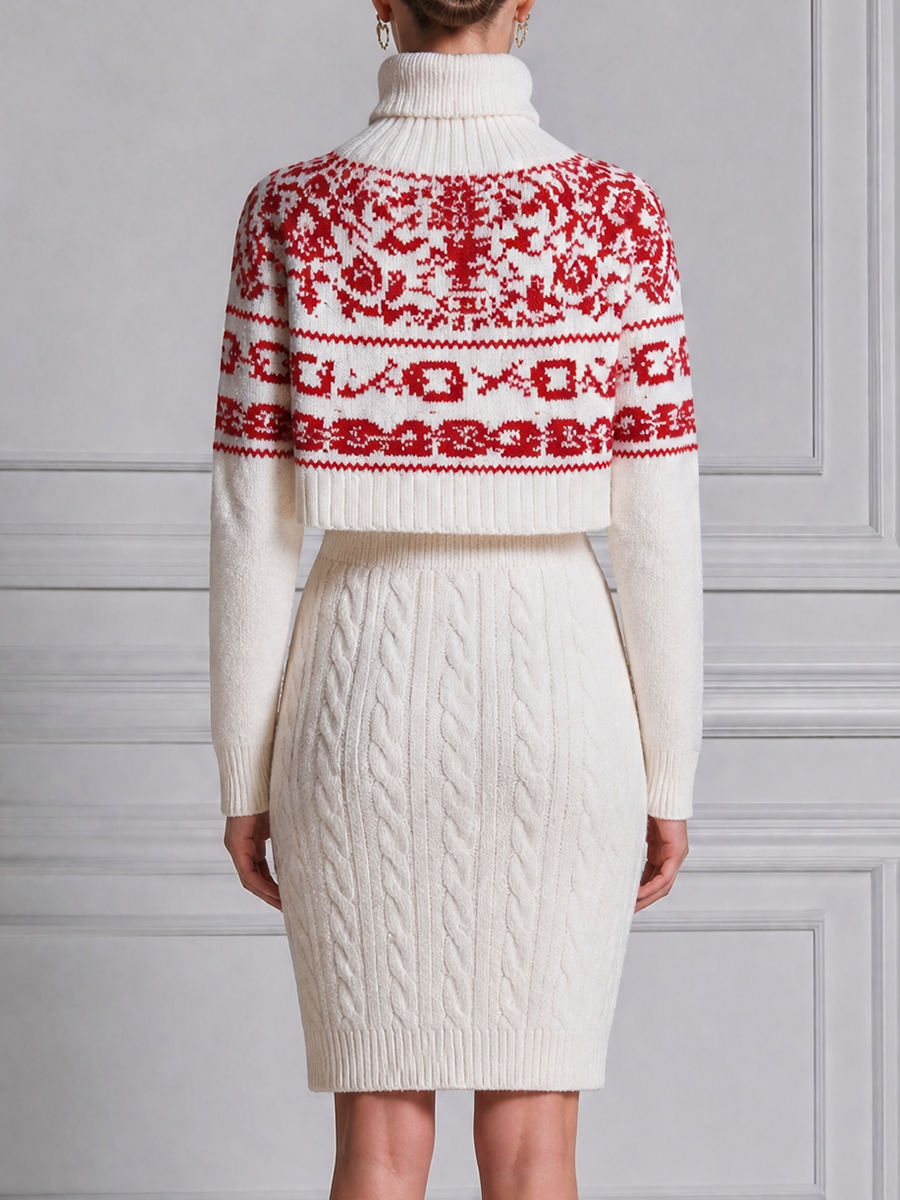 Stockholm Style White Nordic Knit Sweater & Cable Skirt Two-Piece Set