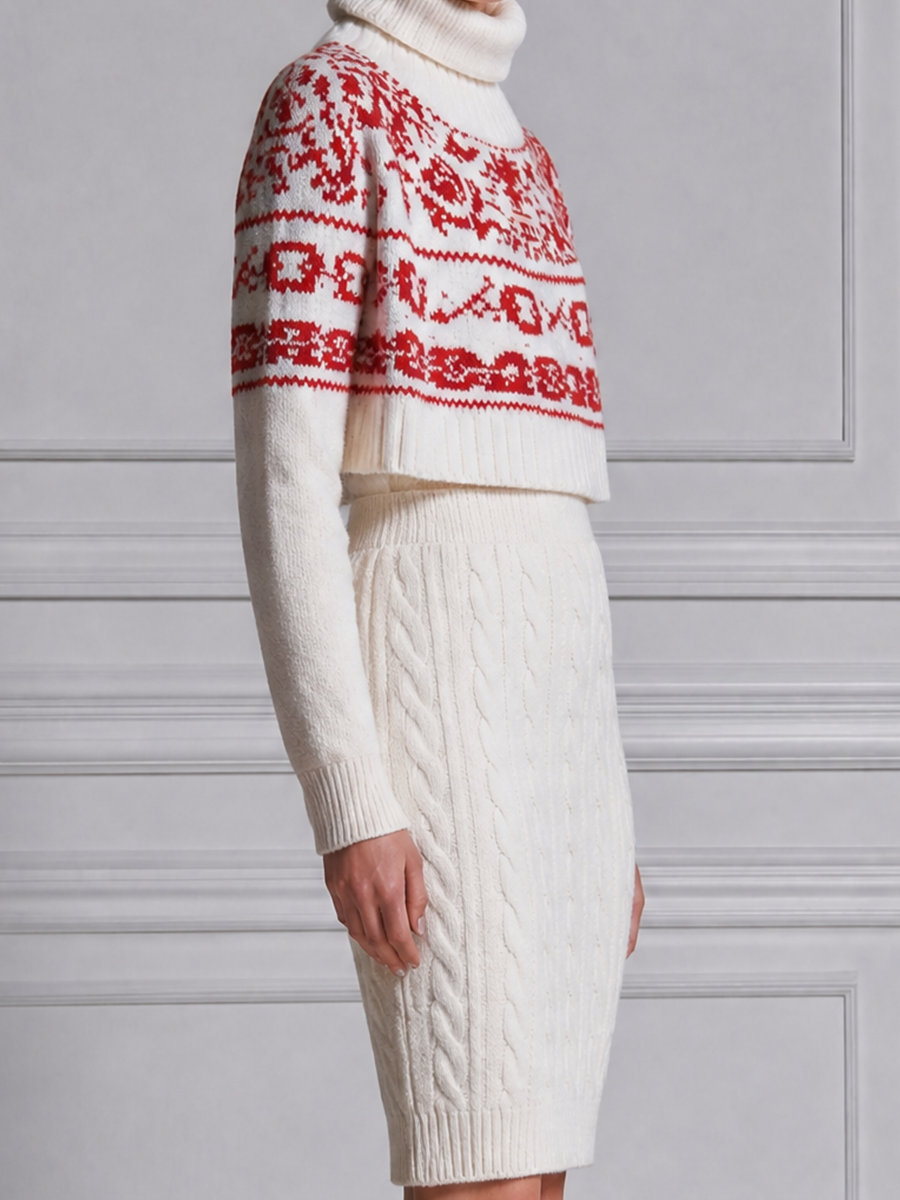 Stockholm Style White Nordic Knit Sweater & Cable Skirt Two-Piece Set