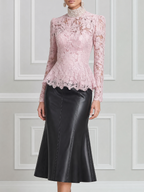 Pink Lace High Neck Top & Black Mermaid Skirt Two-Piece Set