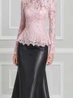 Pink Lace High Neck Top & Black Mermaid Skirt Two-Piece Set