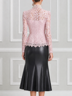 Pink Lace High Neck Top & Black Mermaid Skirt Two-Piece Set