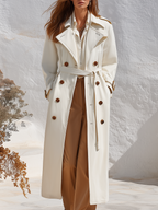 Classic Luxury Vibe Off White Suede Effect Gold Button Long Trench Coat