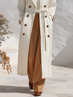 Classic Luxury Vibe Off White Suede Effect Gold Button Long Trench Coat