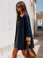 Navy Contrast-Collar Gold-Button Relaxed Lightweight Resort Trench Coat