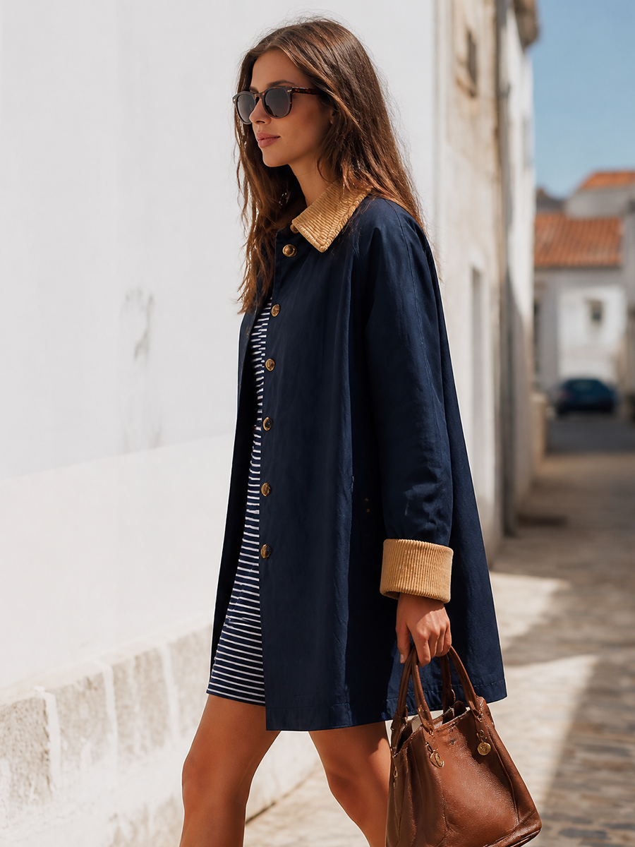 Navy Contrast-Collar Gold-Button Relaxed Lightweight Resort Trench Coat