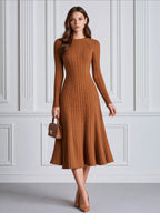 Cable Knit Crew Neck Fit-and-Flare Midi Sweater Dress