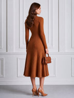 Cable Knit Crew Neck Fit-and-Flare Midi Sweater Dress
