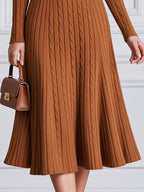 Cable Knit Crew Neck Fit-and-Flare Midi Sweater Dress