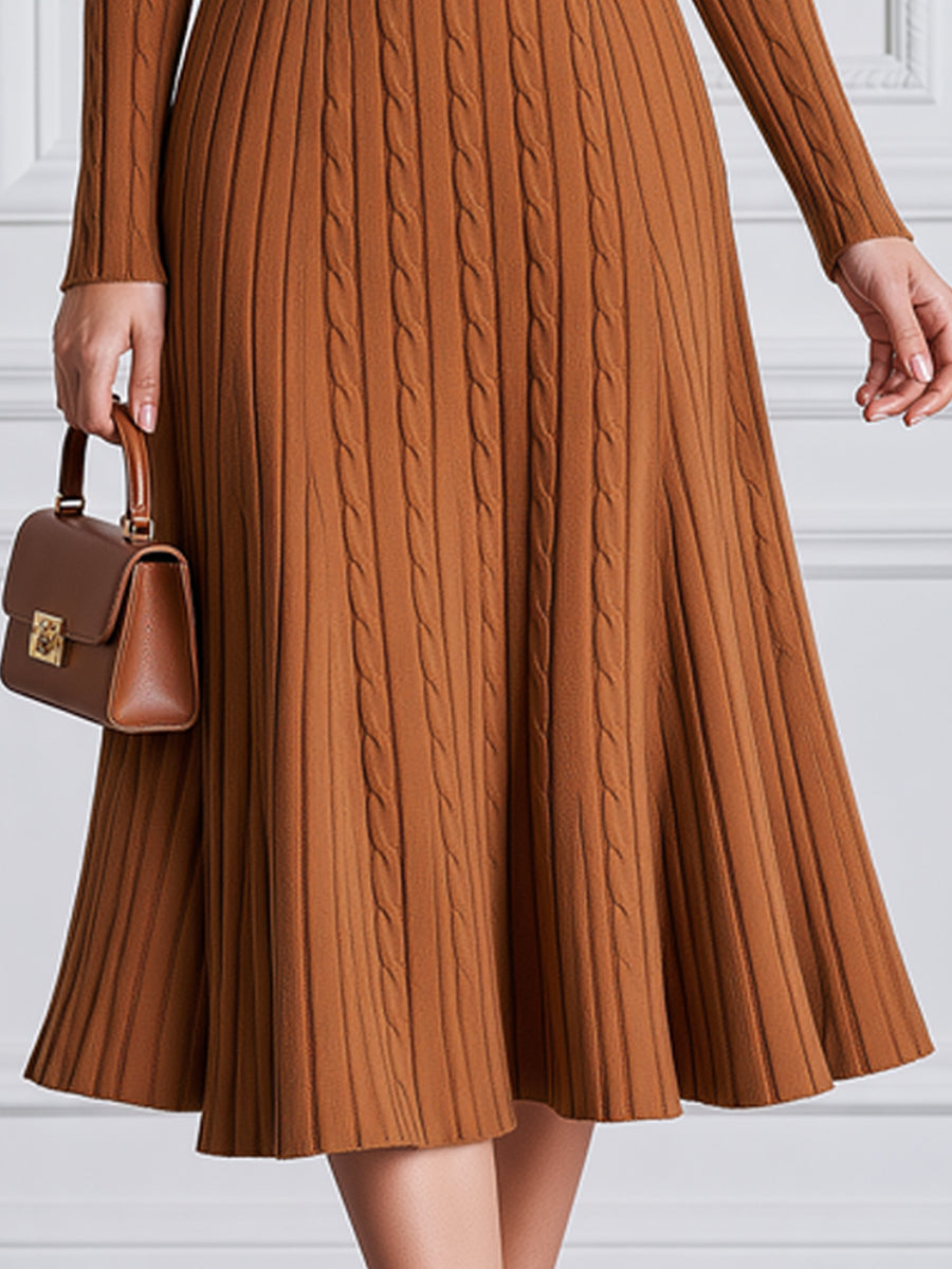 Cable Knit Crew Neck Fit-and-Flare Midi Sweater Dress