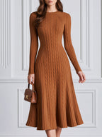 Cable Knit Crew Neck Fit-and-Flare Midi Sweater Dress