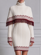 White Dress Stockholm Style Nordic Fringe Cape & Cable Knit Mini Dress Two-Piece Set