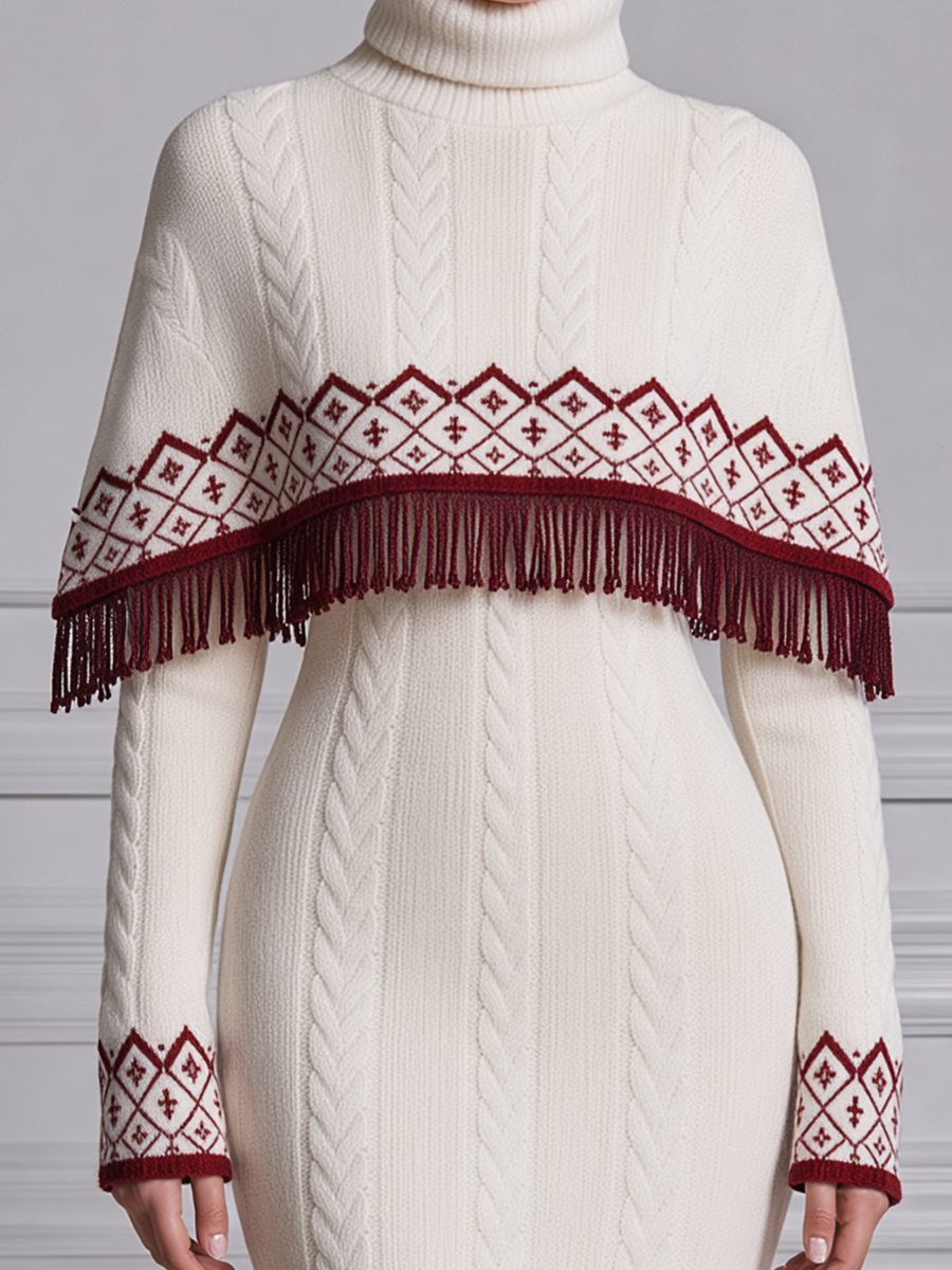 White Dress Stockholm Style Nordic Fringe Cape & Cable Knit Mini Dress Two-Piece Set