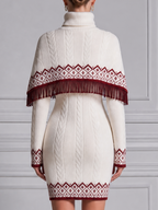 White Dress Stockholm Style Nordic Fringe Cape & Cable Knit Mini Dress Two-Piece Set