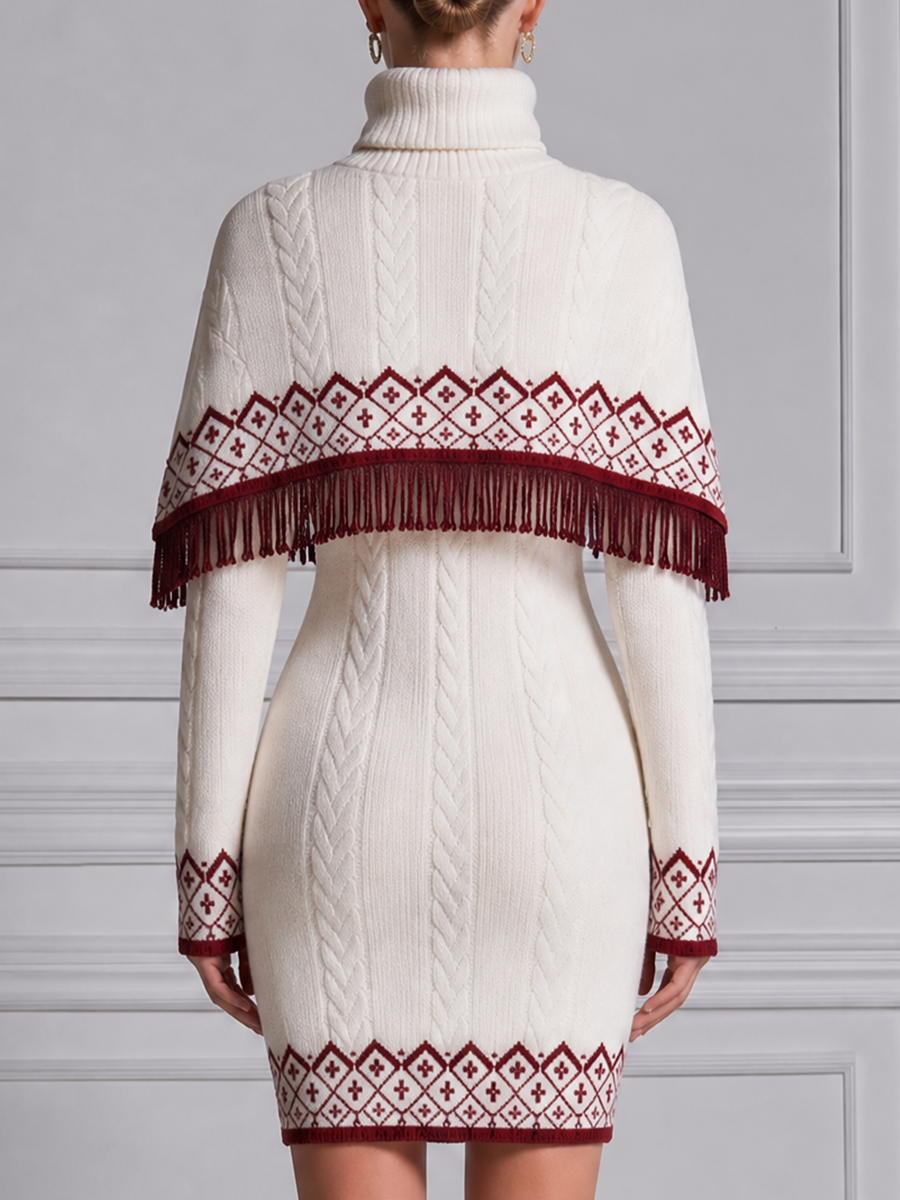 White Dress Stockholm Style Nordic Fringe Cape & Cable Knit Mini Dress Two-Piece Set