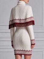 White Dress Stockholm Style Nordic Fringe Cape & Cable Knit Mini Dress Two-Piece Set