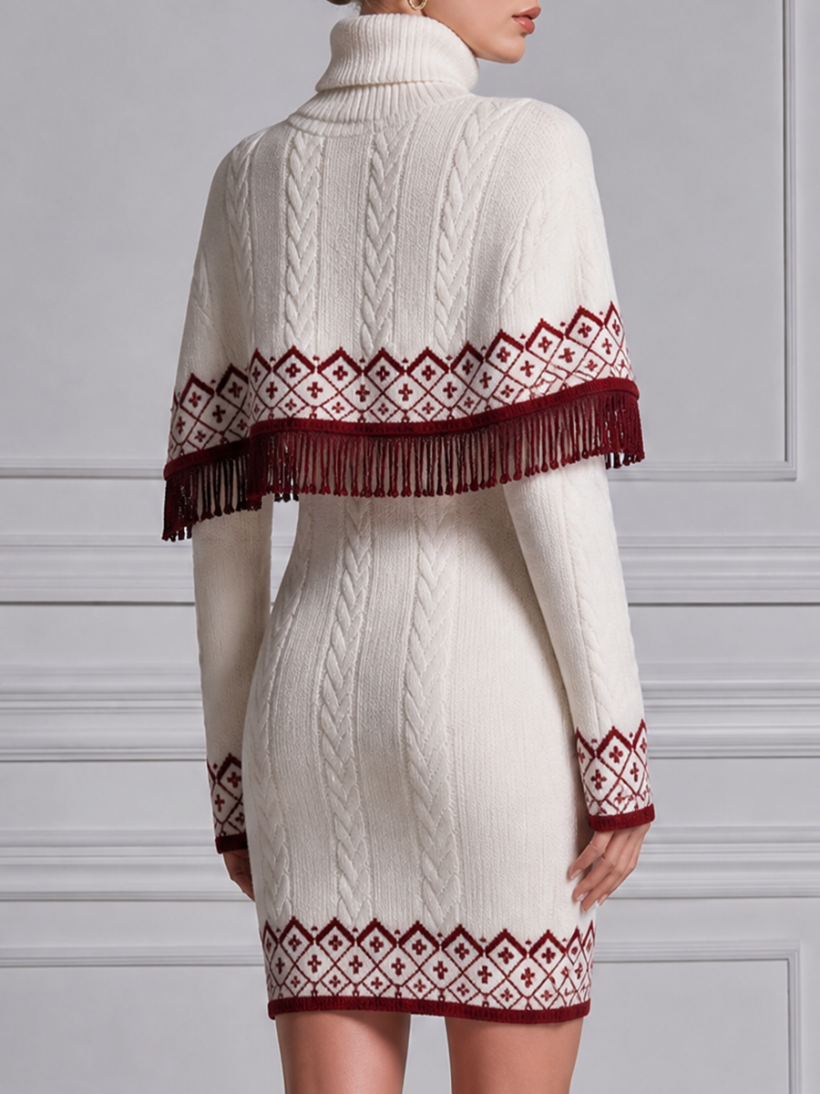 White Dress Stockholm Style Nordic Fringe Cape & Cable Knit Mini Dress Two-Piece Set