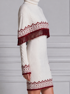 White Dress Stockholm Style Nordic Fringe Cape & Cable Knit Mini Dress Two-Piece Set