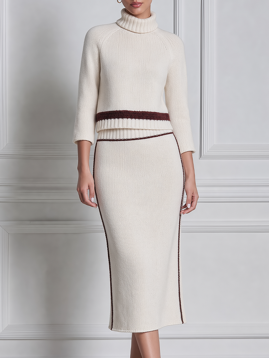White Skirt Stockholm Style Turtleneck Knit Sweater & Pencil Skirt Two-Piece Set