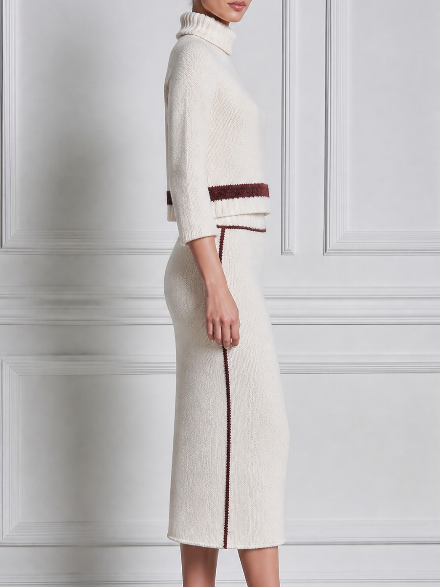 White Skirt Stockholm Style Turtleneck Knit Sweater & Pencil Skirt Two-Piece Set