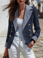 Nautical Vibe Navy Blue Stripe Contrast Lapel Double Breasted Blazer