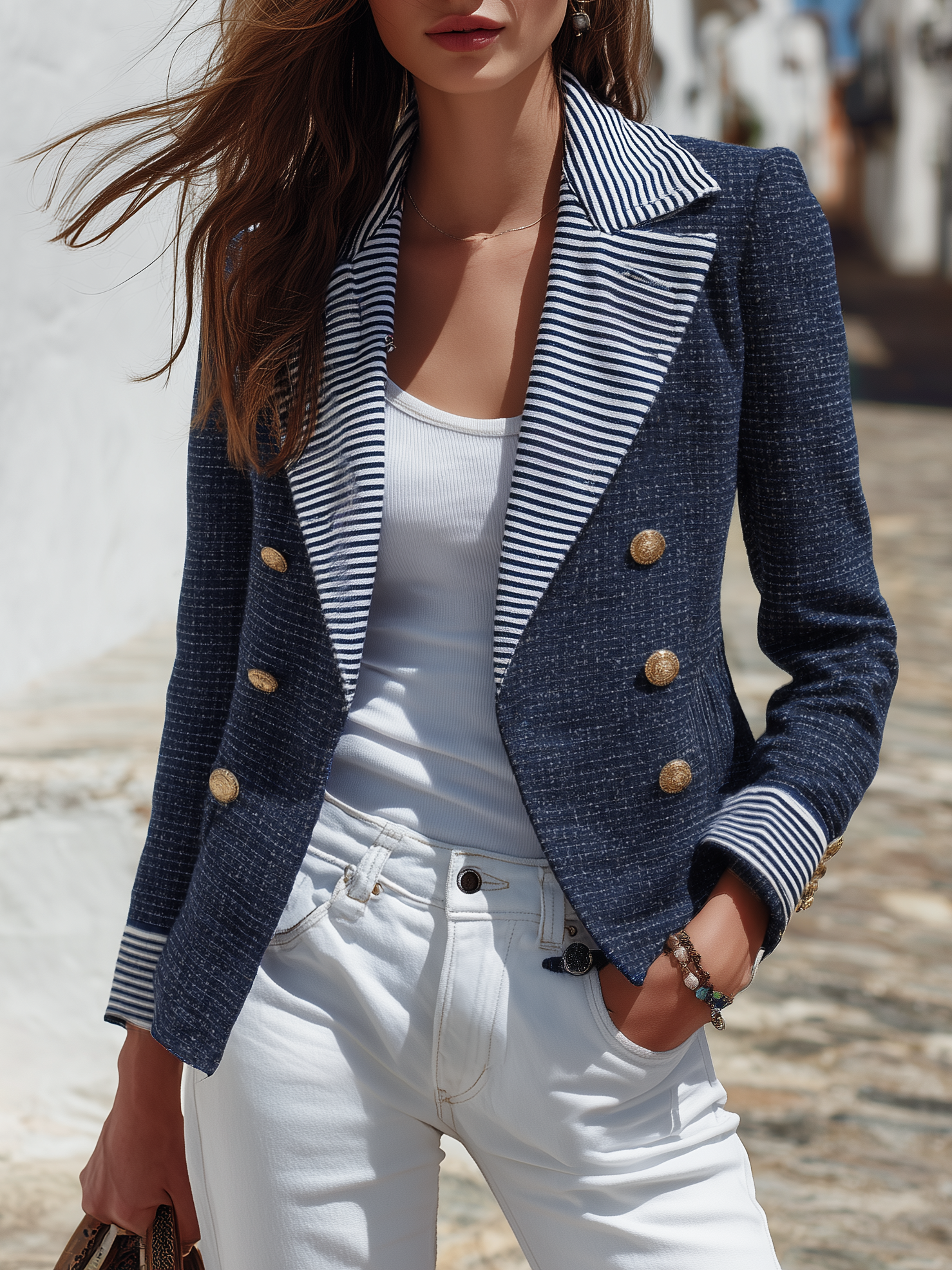 Nautical Vibe Navy Blue Stripe Contrast Lapel Double Breasted Blazer