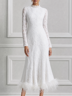 White Dress Lace High Neck Feather Hem Mermaid Midi Dress