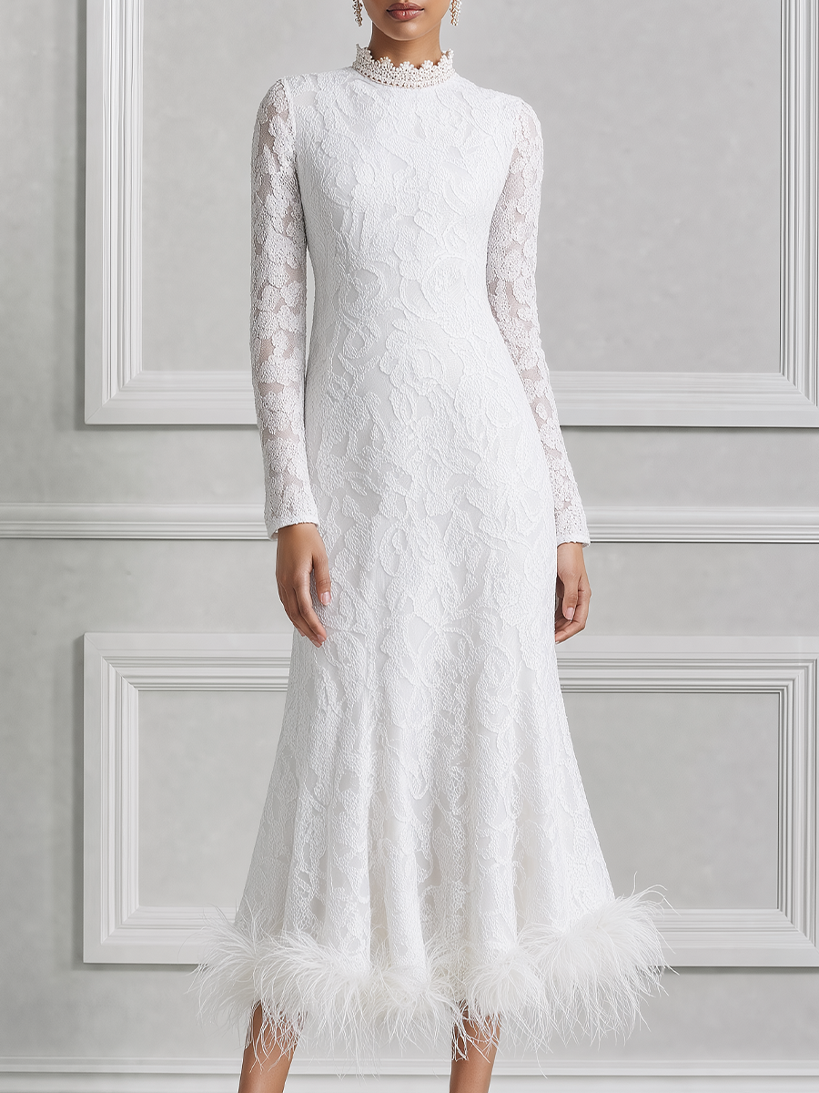 White Dress Lace High Neck Feather Hem Mermaid Midi Dress