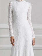 White Dress Lace High Neck Feather Hem Mermaid Midi Dress