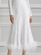 White Dress Lace High Neck Feather Hem Mermaid Midi Dress