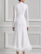 White Dress Lace High Neck Feather Hem Mermaid Midi Dress