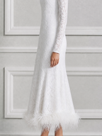 White Dress Lace High Neck Feather Hem Mermaid Midi Dress