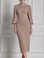 Stockholm Style Taupe Knit Mock Neck Puff Sleeve Pencil Midi Dress