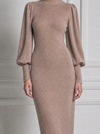 Stockholm Style Taupe Knit Mock Neck Puff Sleeve Pencil Midi Dress