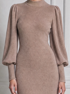 Stockholm Style Taupe Knit Mock Neck Puff Sleeve Pencil Midi Dress