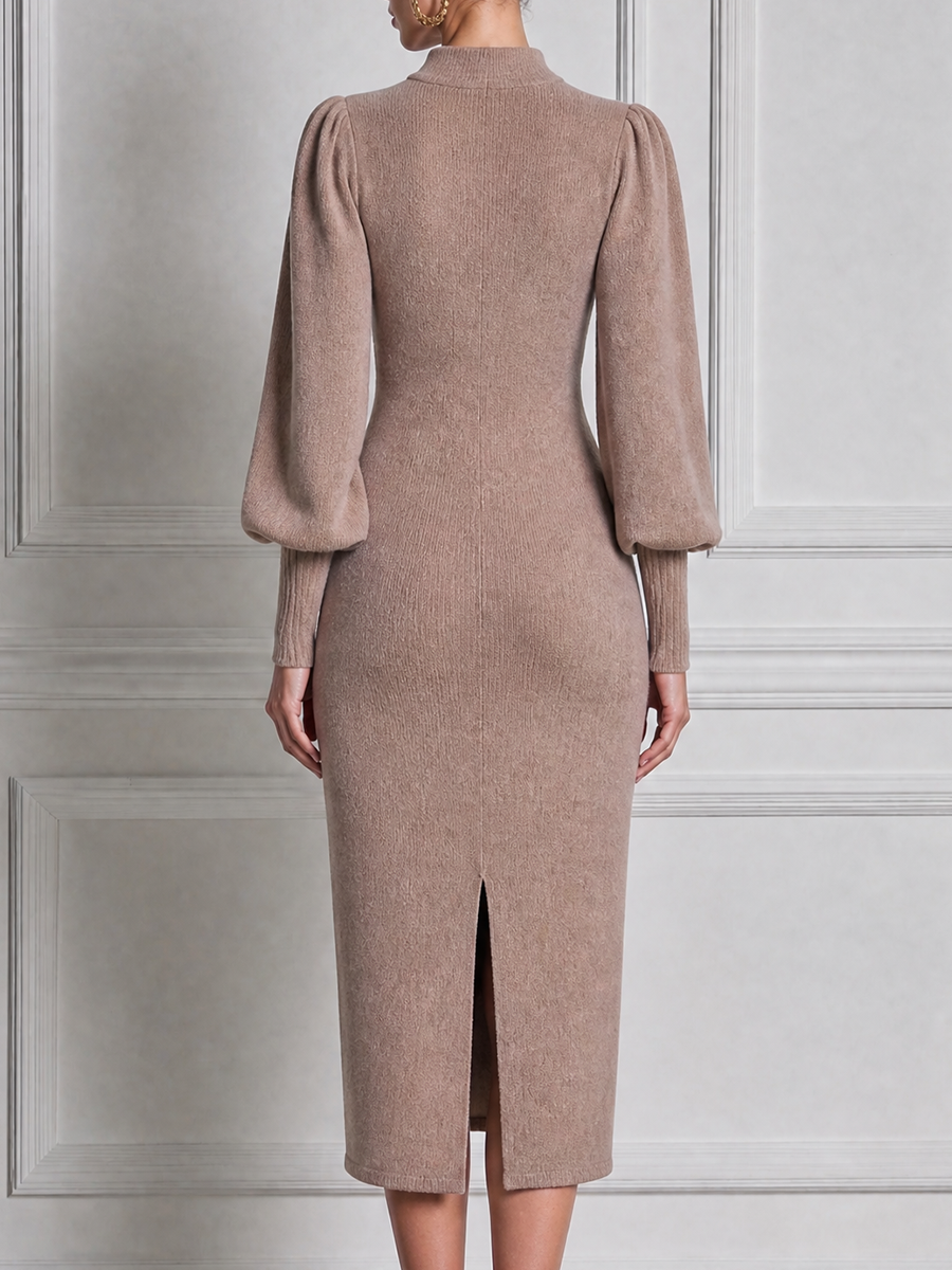 Stockholm Style Taupe Knit Mock Neck Puff Sleeve Pencil Midi Dress