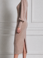 Stockholm Style Taupe Knit Mock Neck Puff Sleeve Pencil Midi Dress