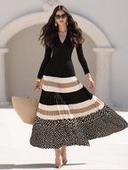Elegance V-Neck Ribbed Knit Top Colorblock Polka Dot Pleated Maxi Dress