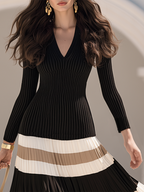 Elegance V-Neck Ribbed Knit Top Colorblock Polka Dot Pleated Maxi Dress