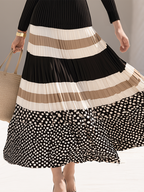 Elegance V-Neck Ribbed Knit Top Colorblock Polka Dot Pleated Maxi Dress