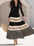 Elegance V-Neck Ribbed Knit Top Colorblock Polka Dot Pleated Maxi Dress