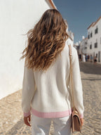 French Casual Vibe Off White Pink Trim Ribbed Knit Cardigan