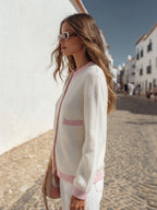 French Casual Vibe Off White Pink Trim Ribbed Knit Cardigan