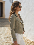 Military Chic Vibe Sage Green Gold Button Cropped Trench Jacket